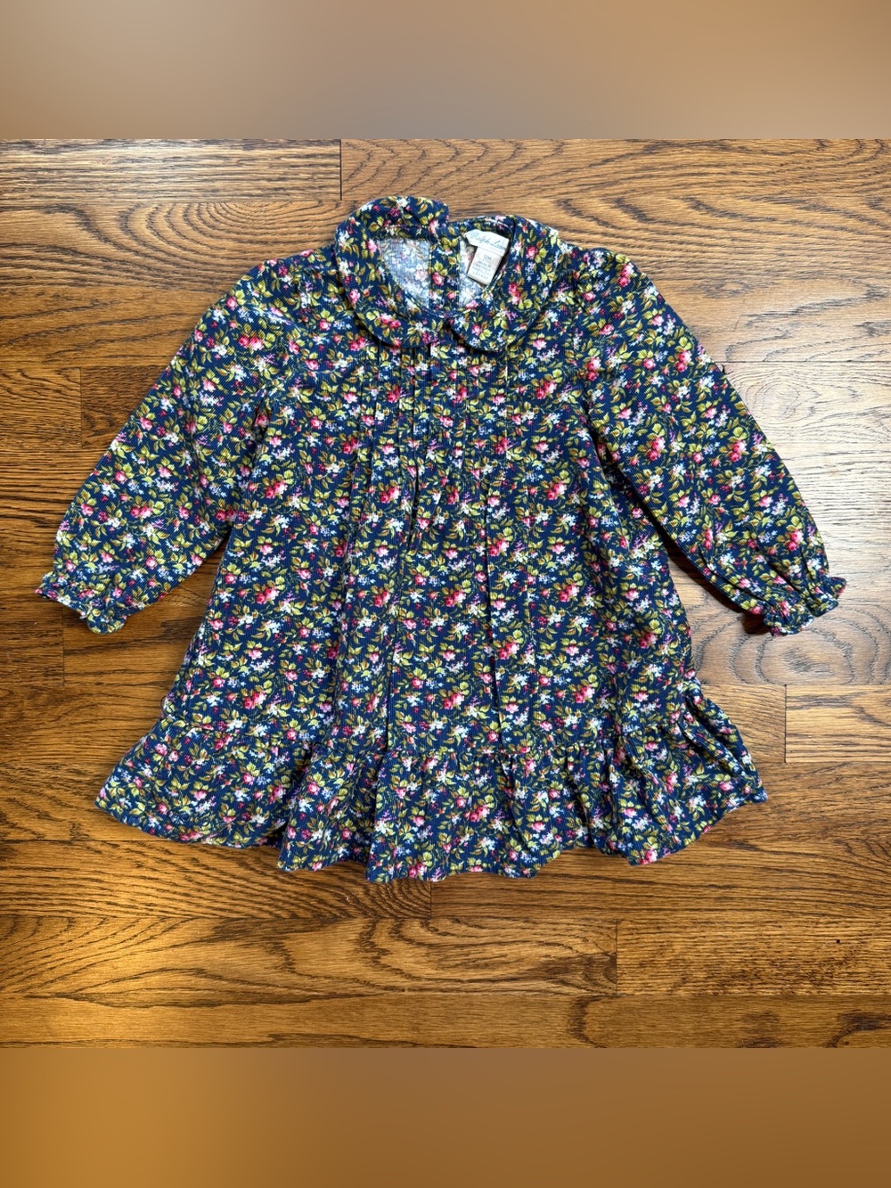 Ralph Lauren Girls Navy Calico Floral Ruffled Hem Corduroy Long Sleeve Dress 12M